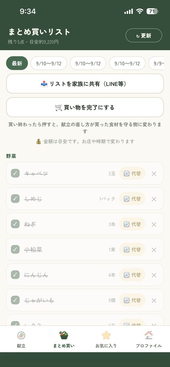 売り場順のまとめ買いリストの画面